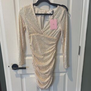 Hello Molly Sequin Ruched Long-Sleeve V-Neck Party Dress - Cream